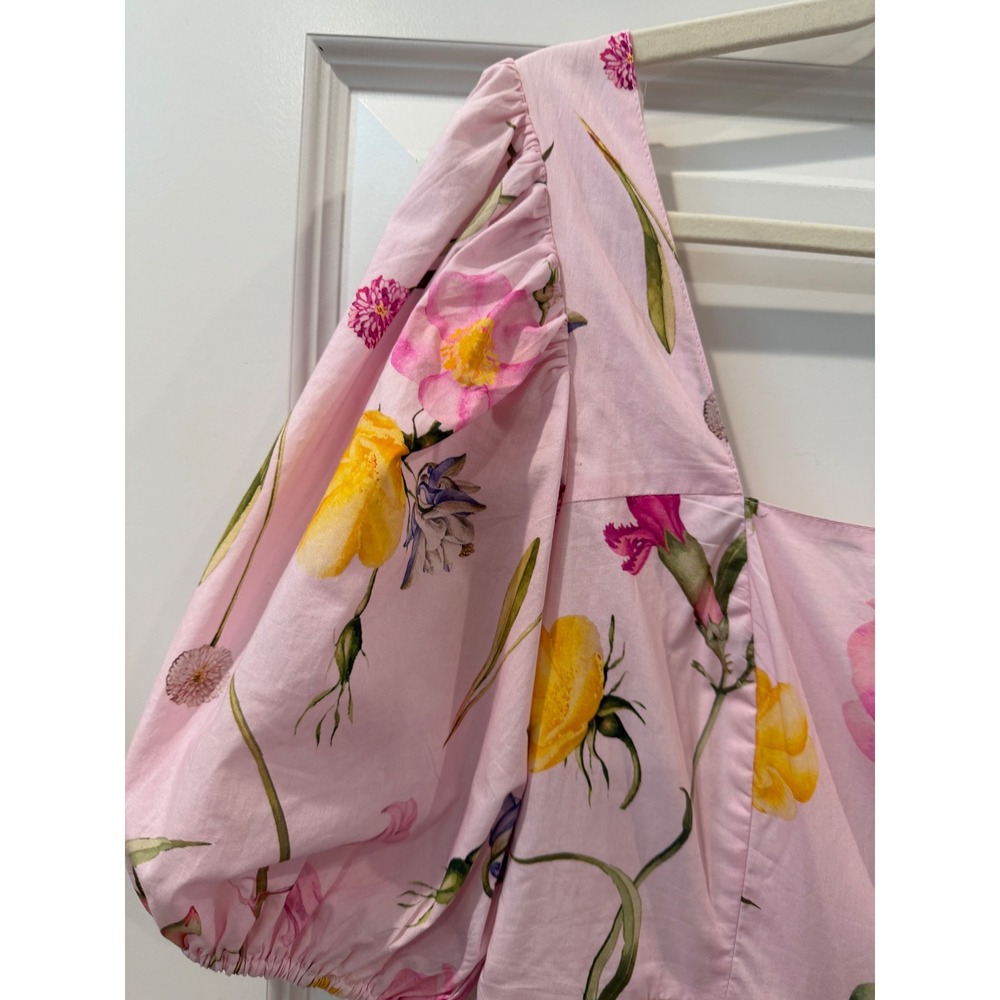 Beyond by Vera Pink Floral Cotton Puff Sleeve Mini Dress Square Neck Small - Picture 4 of 12